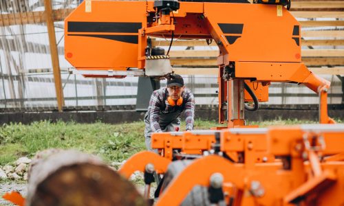 Carpenter working on a sawmill on a wood manufacture